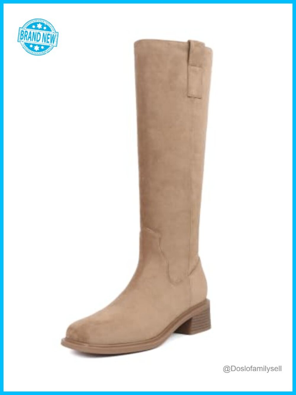Faux Suede Knee High Boots Square Toe Low Block Heel Side Zip